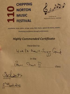 Witney Choir awarded 'Highly Commended' at Chipping Norton Music Festival